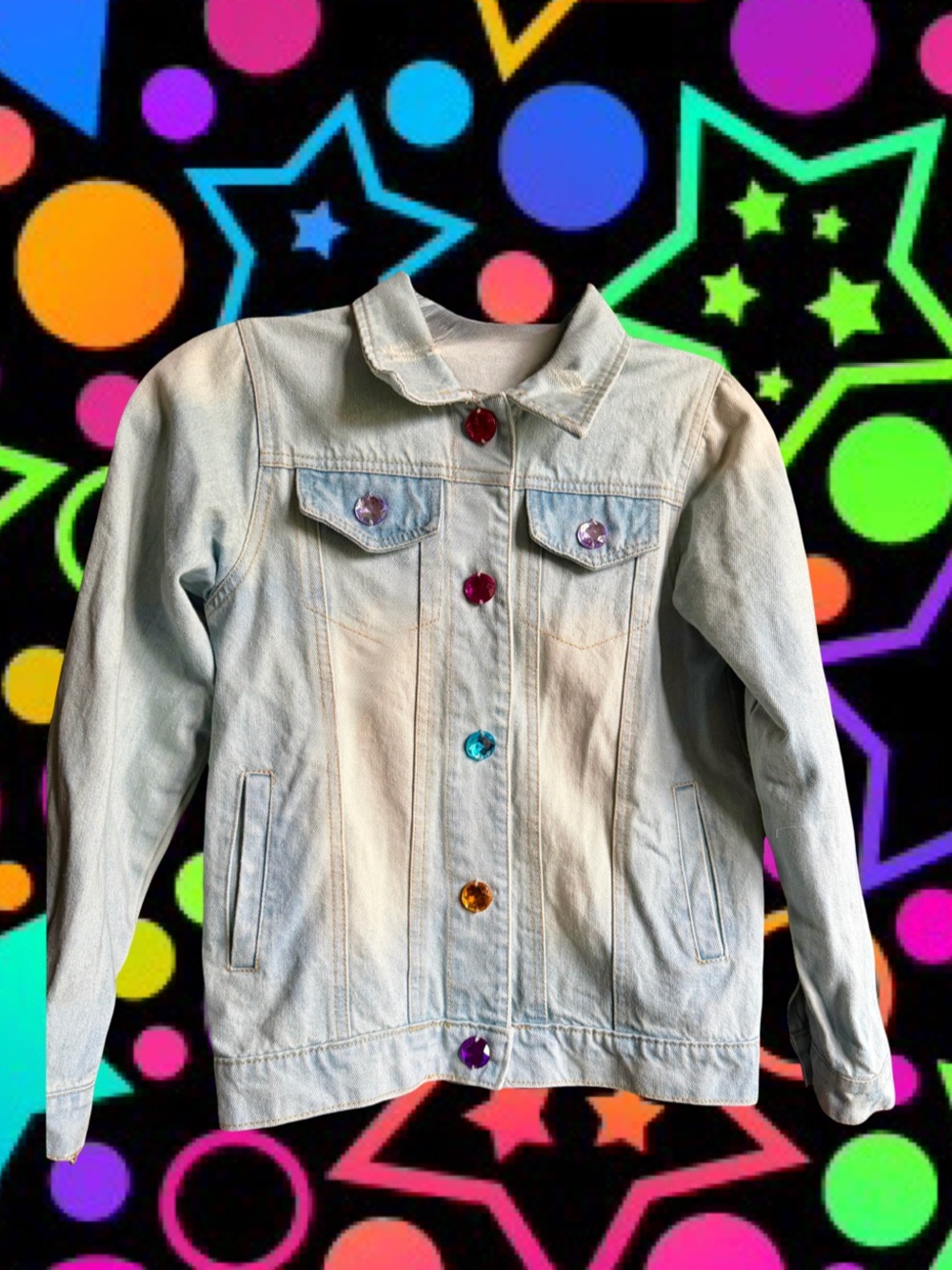 Lola & the Boys Light Blue Denim Jacket w/ Rainbow & Colorful Gem Button Sz 12